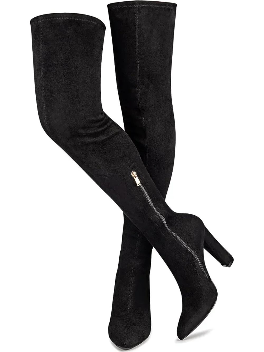 Women's Black Chunky Heel Pointed Toe Suede Over The Knee Thigh High Boots